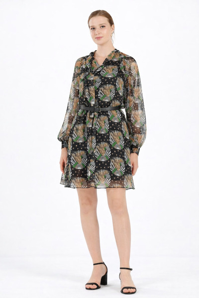 codemark Chiffon Dress with Tie Neck and Belt