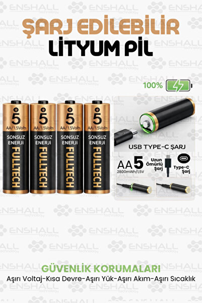Enshall 4X ADET AA Type-c Şarj Edilebilir Kalem Pil 1.5V Fulltech 2800mWh Kapasiteli Lityum-ion Saat Pili
