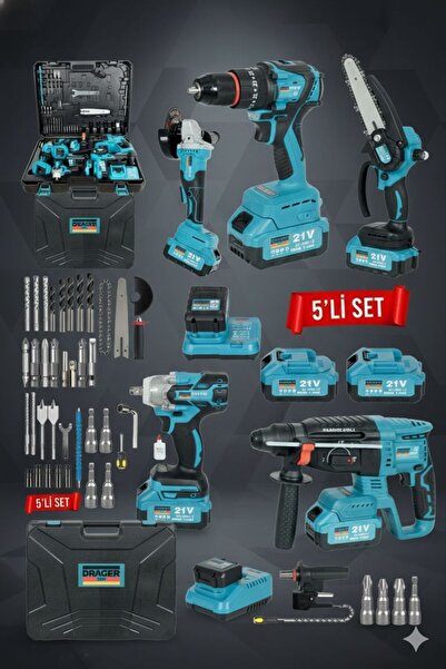 Drager Pro 21V 5’li Set: Kırıcı Delici, Darbeli Matkap, Somun Sıkma, Spiral, ...