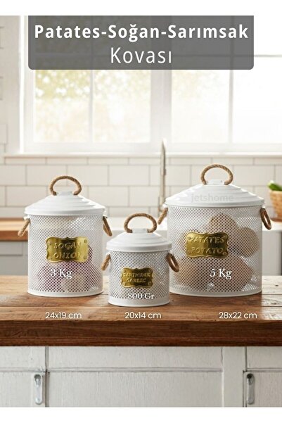Jet's Home Patates Soğan Sarımsak Kovası 3'Lü Sebzelik Paslanmaz Organizer Patates Soğan Sepeti Beyaz