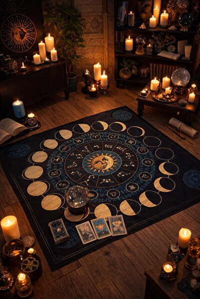 ALAMODECOR Ay Evreleri ve Güneş Desenli Tarot Örtüsü | Sunak Örtüsü | Altar Ö...