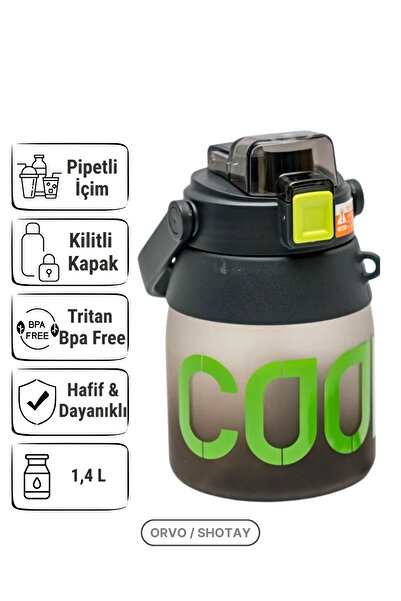 Shotay Spor Çift Pipetli Tritan Matara 1.4L Omuz Askılı Su Şişesi