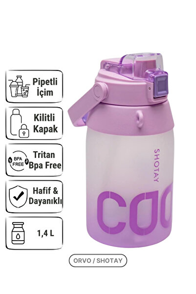 Shotay Spor Çift Pipetli Tritan Matara 1.4L Omuz Askılı Su Şişesi