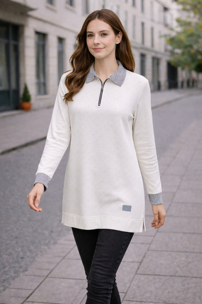 MİRA BUTİK Beyaz Taş Detaylı Fermuarlı Polo Yaka Kadın Tesettür Tunik