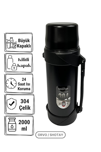 Shotay ترمس فولاذي سعة 2 لتر |   304 ستانلس ستيل، مفرغ الهواء، مانع للتسرب، حافظ للحرارة والبرودة - أسود