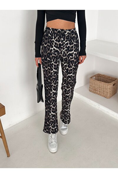 Mivelya Kadın Siyah Leopar Desenli Yüksek Bel Pantolon