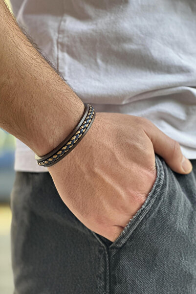 etniko Erkek Kahverengi Örgü Detaylı El Yapımı Hakiki Deri Etnik Bileklik