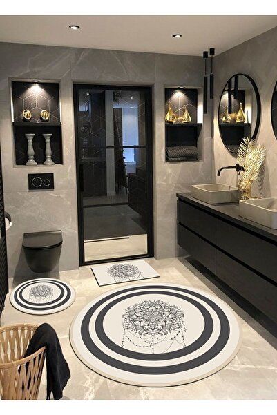 Ardizayn ميدالية - قاعدة منسوجة من القطن، سجادة حمام دائرية (100X100-60X60-40X60 سم مجموعة من 3 قطع)