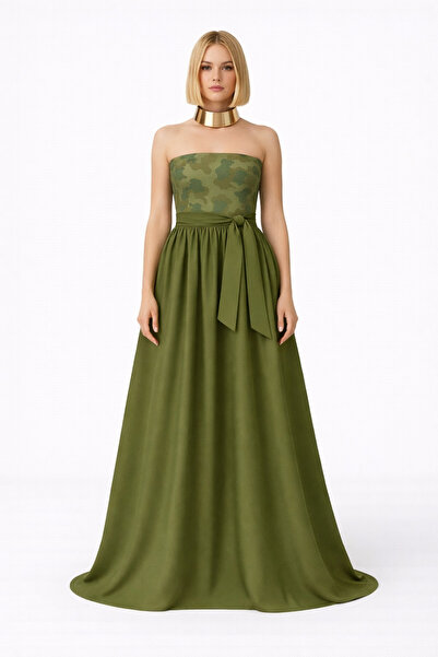 MERT ERKAN Strapless Camouflage & Skirt Taffeta Maxi Stylish Belted Dress