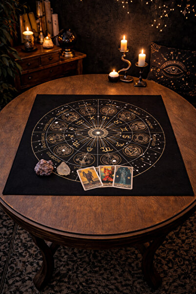ALAMODECOR Siyah Burç Haritası Desenli Tarot Örtüsü | Sunak Örtüsü | Altar Ör...