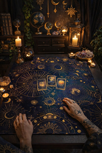 ALAMODECOR Mistik Astrolojik Desenli Tarot Örtüsü | Sunak Örtüsü | Altar Örtü...
