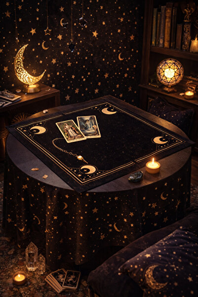 ALAMODECOR Siyah Ay Desenli Tarot Örtüsü | Sunak Örtüsü | Altar Örtüsü | Ritü...