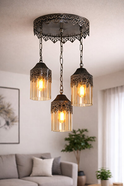 Uçar Otantik Modern Tasarım Salon Mutfak Yatak Odası Odası Metal Eskitme Renk 3 lü Avize