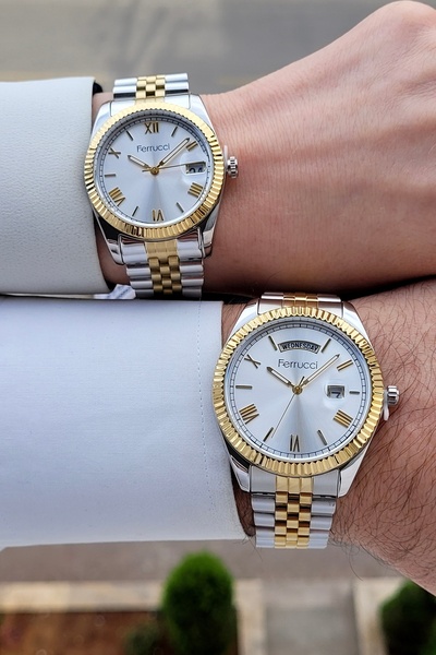 Ferrucci Sarı Silver Renk 24 Ay Garantili Sevgili Çift Kol Saati