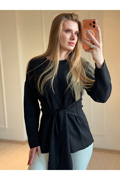 Store Crew Neck Belted Oversized Sweater