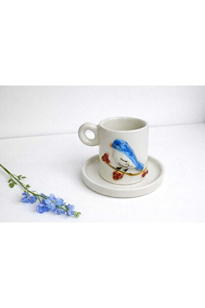 Dİ TAZZA Handmade Design Blue Bird 2-Person 4-Piece 110 ml Cup Set