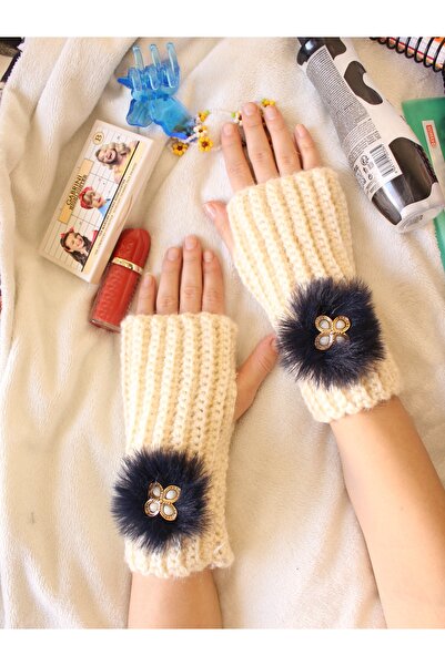 baddin aksesuar El Yapımı Parmaksız Model Eldiven Krem Üz