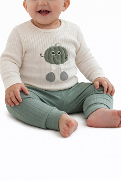 Akcan Çizgili Kumaş Yeşil Kabak Desenli Bebek Sweatshirt ve Tayt Kombini