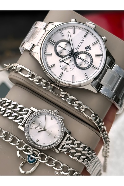 Ferrucci Gümüş Renk, Çelik Kordon Sevgili Çift Kol Saatleri+bileklik