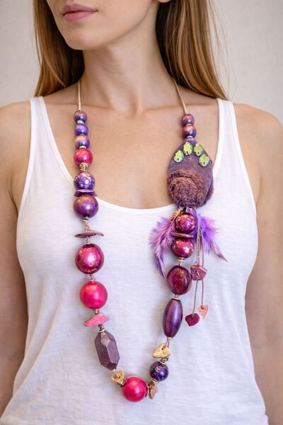 Gönülden Tasarım Mor Bambu Ahşap Keçe Kadın Tasarım Kolye 50 Cm