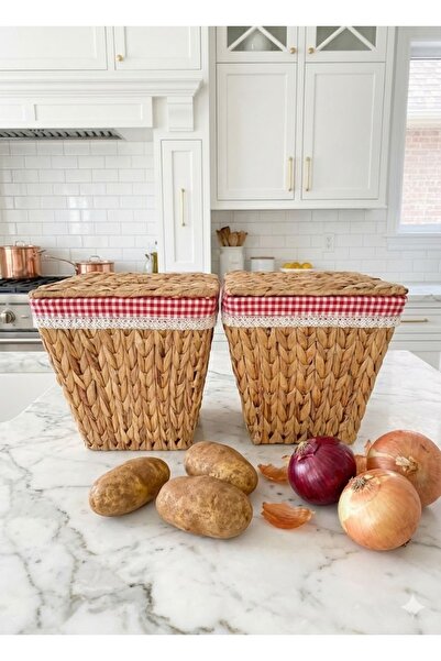 Beyaz Atölyem 2Li Kırmızı İç Korumalı Hasır Kapaklı Çok Amaçlı Patates ve Soğ...