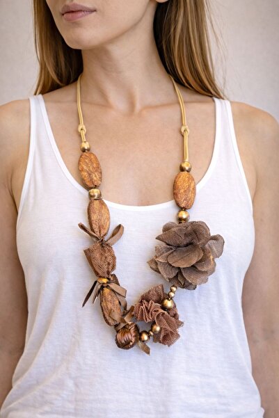 Gönülden Tasarım Brown Flower Design Bamboo Women's Necklace 45 cm