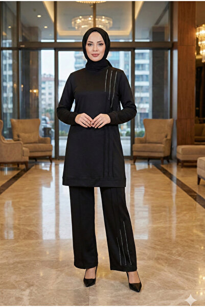 MR.MODAMİRA Kadın Siyah Pamuk Viskon Pantolonlu Genç Anne Tarz Tesettür Taş İ...