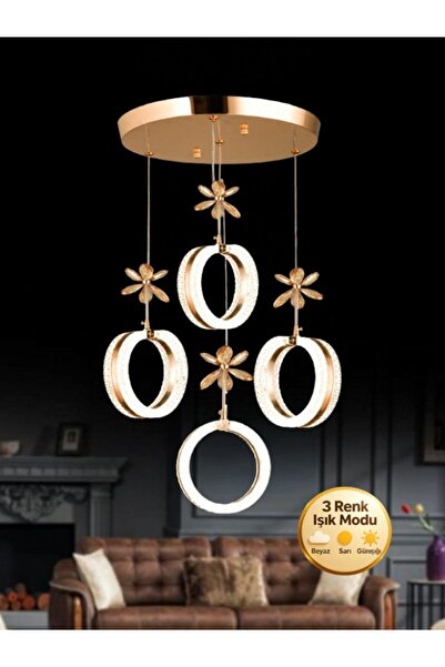 Litra Lighting Aurea Model 4’lü Gold 3 Renk Modu Ledli Kristal Taşlı Salon Mutfak Oturma Odası Sarkıt Led Avize