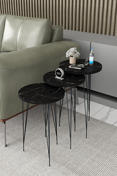 alpaevmobilya 3'lü Metal Siyah Tel Ayaklı Yuvarlak Zigon Sehpa Takımı - Moder...