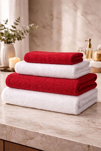 Elaganya طقم مناشف أحمر وأبيض، منشفة حمام، منشفة قطنية، منشفة مقاس 70×140، منشفة رأس مقاس 50×90