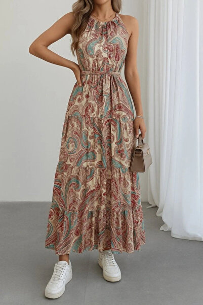 HAZEGO فستان نسائي بياقة رسن مكشوف الكتفين وحزام طويل من الجيرسيه