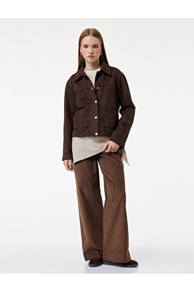 Koton Applique Pocket Detailed Wide Leg Corded Fabric Velvet Trousers