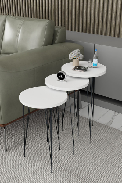 alpaevmobilya 3'lü Metal Siyah Tel Ayaklı Yuvarlak Zigon Sehpa Takımı - Moder...