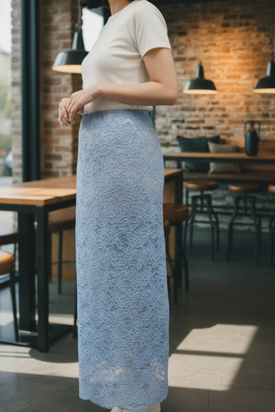 modayiğit Bebek mavisi güpür dantel kadın etek