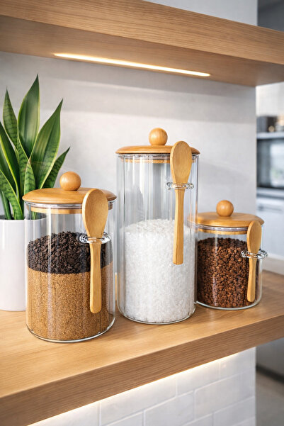 Paşabahçe 3'lü Bambu Kapaklı Kaşıklı Cam Saklama Kavanoz Seti - 1350ml+1000ml+650ml Mutfak Düzenleyici