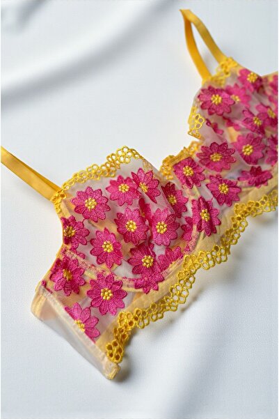 BUELLNA Özel Desen Sarı Papatyalı Kadın Bralet Tanga 2'li Sütyen Külot İç Çam...