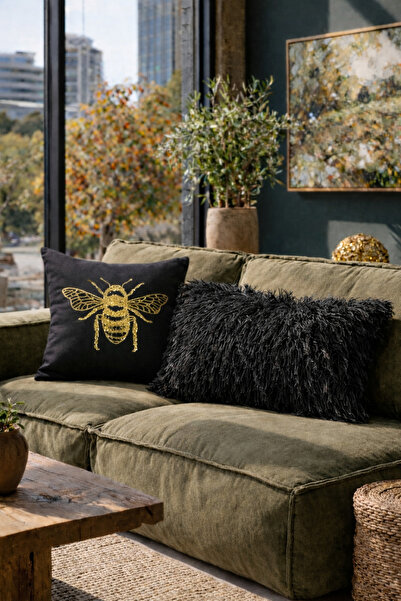 Alacastore Чорна лляна тканина Gold з мотивом бджіл та плюшева антрацитова по...