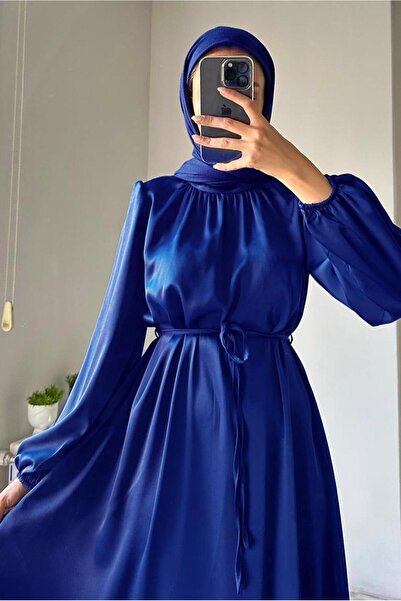 TRENDTESETTÜR KADIN LACİVERT (SAKS) SATEN ABİYE ELBİSE T 4242