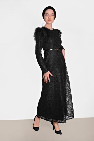 TRENDTESETTÜR Women's Black Feather Detail Lace Dress t 4464