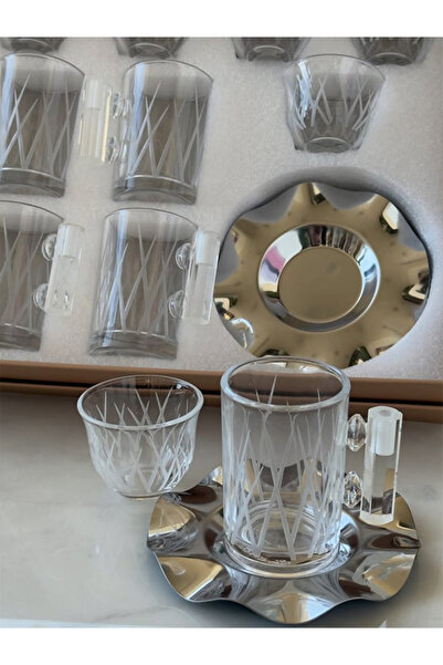 Turkish Store İstanbul طقم شاي زجاجي بتصميم خاص مكون من 18 قطعة بنمط النخيل