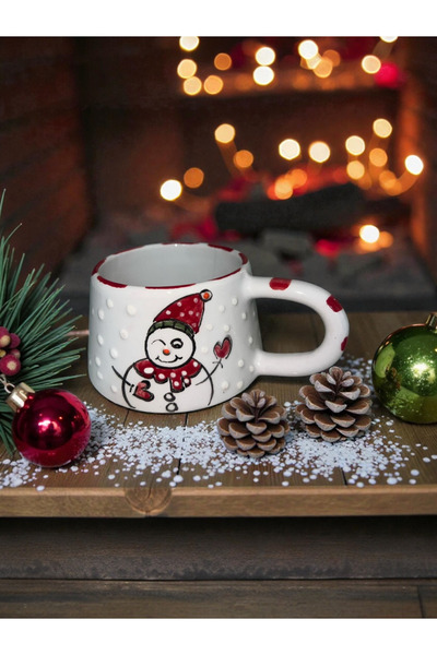 NidaSanatEvi Handcrafted Snowman Pattern Ceramic Mug Christmas Mug – Coffee C...