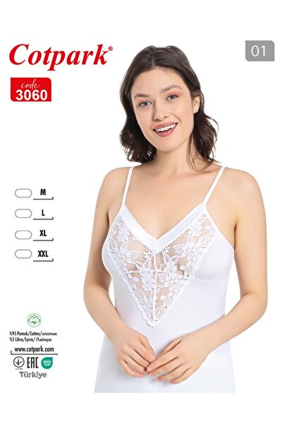 Cotpark Women's Cotton Stretch Fabric Lace Detailed Thin Strap Stylish Undershirt - White 3060