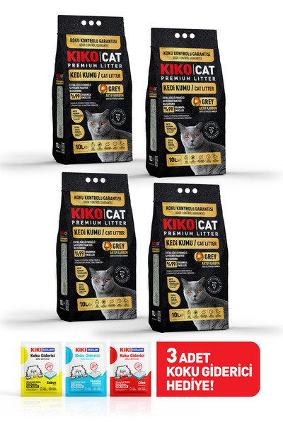 KIKO CAT GREY AKTİF KARBON PREMIUM BENTONİT KEDİ KUMU - (DÖRTLÜ PAKET) 10Lx4 ...