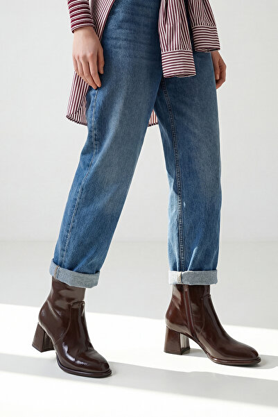 Marjin Women's Zippered Warm Lined Thick Heeled Boots Hersin Brown