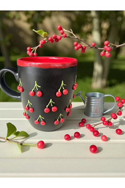 NidaSanatEvi El İşi Kabartmalı Kiraz Desenli Seramik Kupa Bardak – Nida