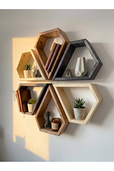 Wooden Factory 6’lı Damla Tasarımlı Dekoratif Duvar Rafı Seti 64x64 cm - Ham – Ceviz – Siyah