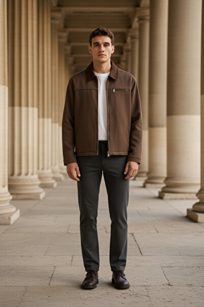 A&O Style Men's Brown Regular Collar Detailed Gabardine Jacket