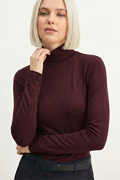 VODENS Tricou cu mânecă lungă pentru femei Burgundy guler ridicat cu textura moale basic