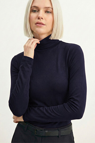 VODENS Women's Navy Blue Mock Neck Soft Textured Basic Long Sleeve T-Shirt