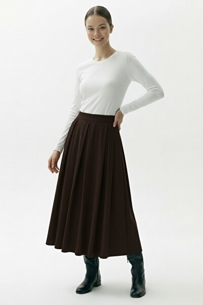 Exquise Woven Midi Skirt with Pleated Pockets